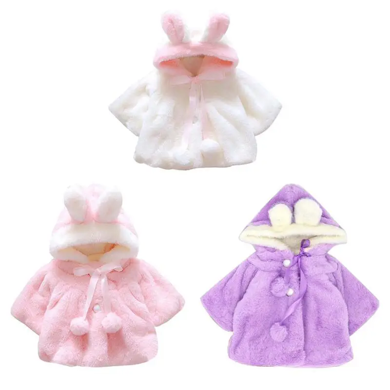 

Baby Infant Girl Fur Winter Warm Coat Cloak Jacket Thick Warm Clothes Baby Girl Rabbit Ear Hooded Coats Xmas Snowsuit Outerwear