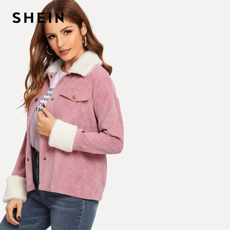 price reduction SHEIN Pink Contrast Faux Fur Detail Drop Shoulder Collar Jacket Autumn Single Breasted Casual Elega