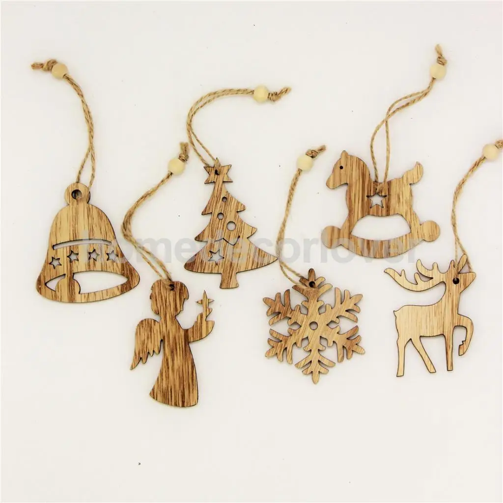 12 Pieces Assorted Wooden Shapes Christmas Tree Ornament Xmas Hanging Bell Snowflake Decoration Gifts Vintage Style