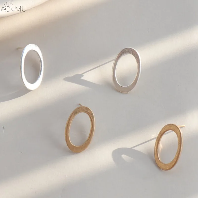 

AOMU Korean Vintage Simple Gold Silver Matte Metal Geometric Oval Stud Earrings for Women Girls Party Gift