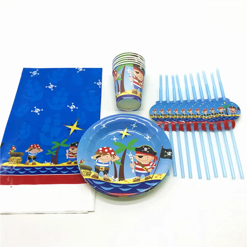 

Little Pirate 37Pcs/lot Disposable Blue Cups+Plates Kid Favors Birthday Party Family Party Straw+Tablecloth Decoration Supply