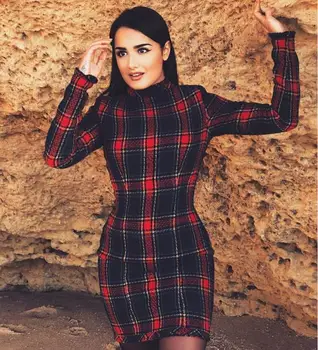 

2019 New Spring Style Ladies Long Sleeve Sexy Bodycon Mini Dress Plaid Turtleneck Evening Party Dress Wholesale