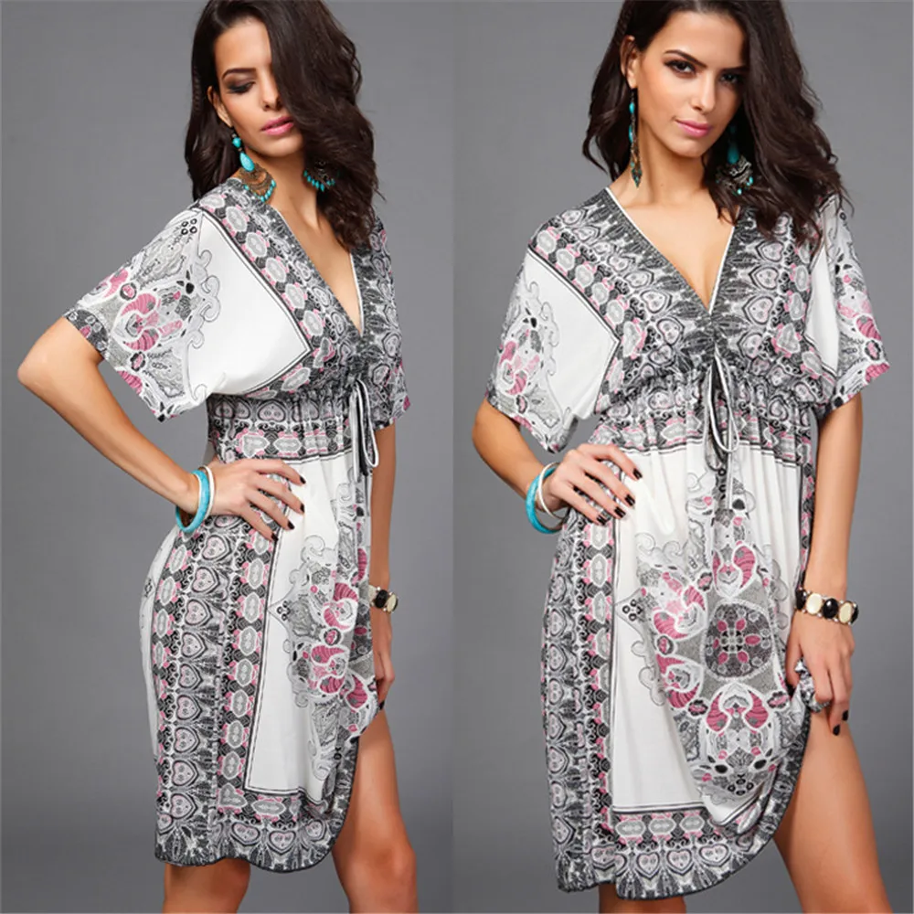 Sexy Beach Vacation Dress Boho Style Summer Women Dress Sexy Sundresses Deep V Ethnic Floral Print Tunic Beach Dresses (2)