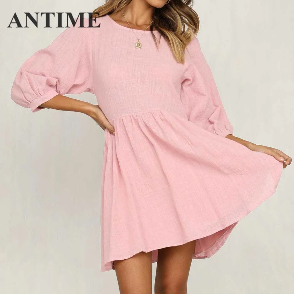 

ANTIME Green Short Dress Casual Women A Line Long Sleeve Solid Spring Summer O Neck Mini Elegant New Pretty Pleated Nice Dresses