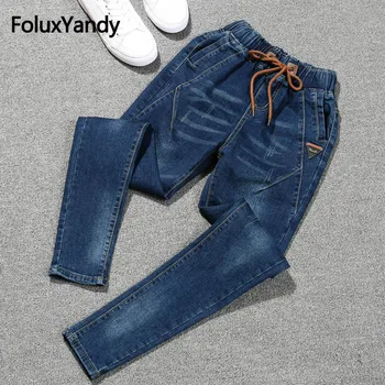 Elastic Jeans Women Plus Size 5XL Casual Mid Waist Slim Stretched Denim Pencil Pants Blue Black Jeans QNS73
