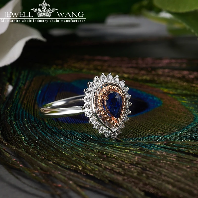 JEWELLWANG Роскошный натуральный голубой сапфир 18 К кольцо из белого золота кольцо с настоящим алмазом для Для женщин белого золота с камнями-каплями воды Кольца с сапфиром