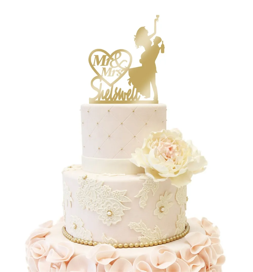 Пьян невесты Свадебный торт Топпер на заказ пара тортов украшения поставки Персонализированные фамилия дерево акрил Золото Серебро зеркало