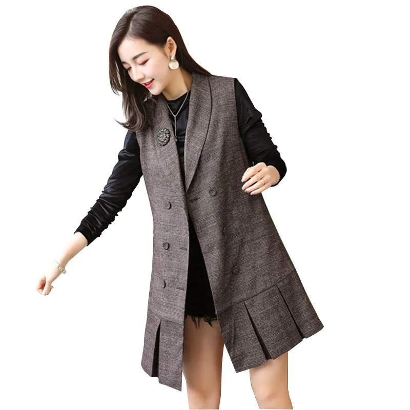 

Brooch Double-breasted Pleated Plaid Waistcoat For Women Long Coat Female Sleeveless Jacket Fashion Elegant Slim Women's Vest