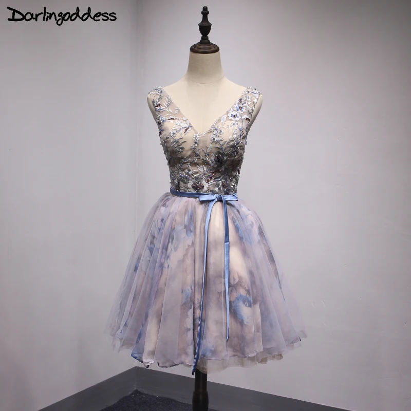 

Elegant Cocktail Dresses 2017 for Wedding Women V Neck Backless Embroidery Summer Short Formal Print Robe de Cocktail Gown