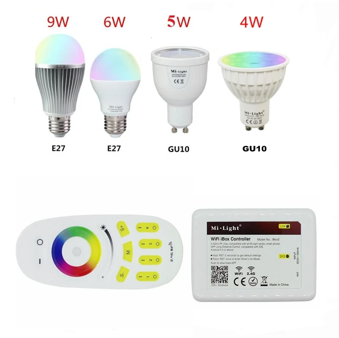 

Milight Led Bulbs 4W 5W 6W 9W GU10 E27 E14 RGBW RGBWW Lamps Wireless Wifi Controller Box Mi.LIGHT 4-Zone 2.4G RF Remote Control