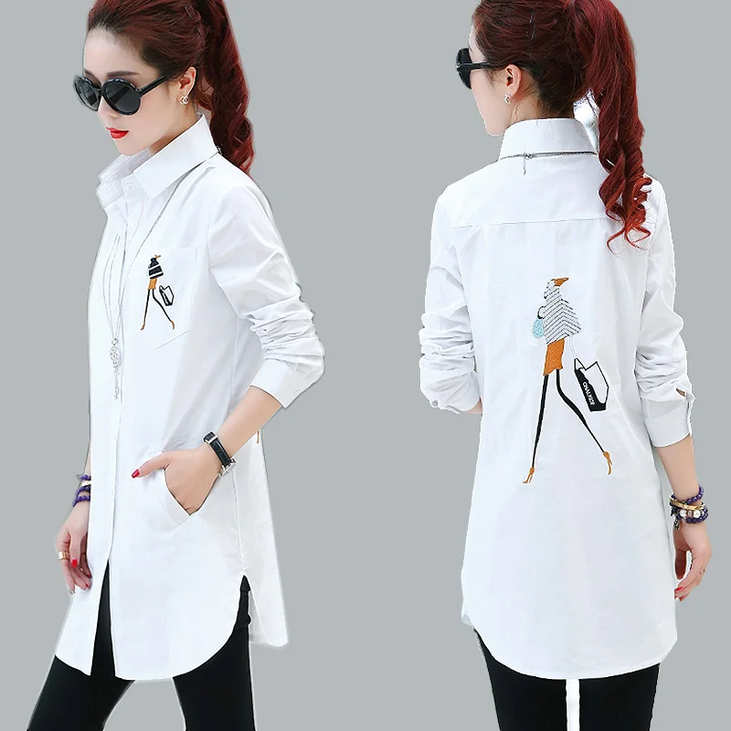 Achat 2019 Élégante broderie Chemisier Blanc Shirt Femmes Plus La Taille Dames Bureau Chemises Formelle et Occasionnel Coton Blouses Blusas Femininas