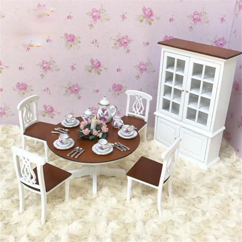 Best Doub K 112 Miniature Furniture toy white mini table sets cabinet Wooden household pretend play toys for girls dollhouse doll