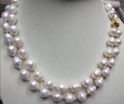 

Free Shipping >>>>> 2 ROW New Design 11-13mm White Baroque Natural South Sea Pearl Necklace 14K