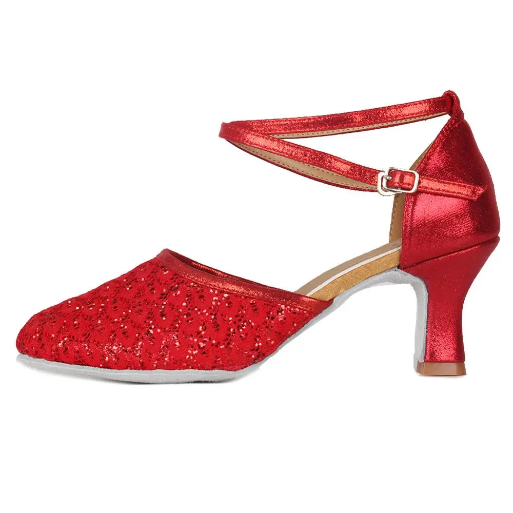 Бальные новые профессиональные современные туфли для латинских танцев для женщин/девочек/дам Танго и сальса на высоком каблуке для танцев в помещении Sequine - Цвет: 7cm  Red6