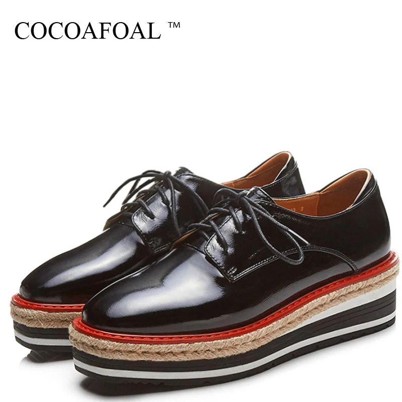 

COCOAFOAL Women's Flat Platform Shoes Woman Genuine Leather Wedges Derby Shoes Casual Platform Shoes Lace Up Pink Platform Shoes
