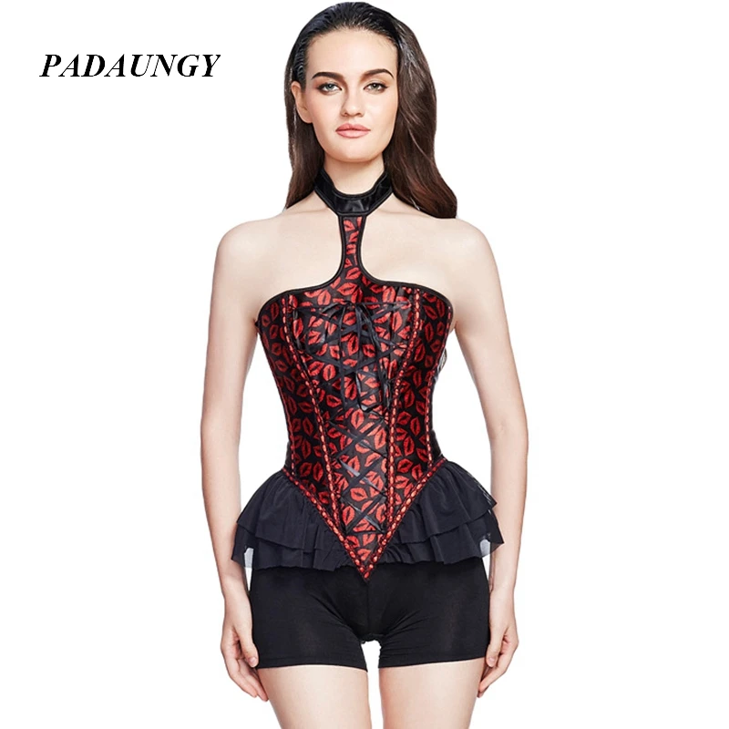 PADAUNGY Halter Waist Trainer Steampunk Corsets Ruffle Gothic Clothing