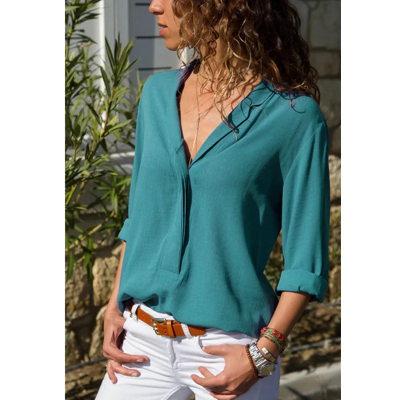 Женская блузка большого размера новая рубашка с принтом Свободная шифоновая рубашка с длинным рукавом и v-образным вырезом