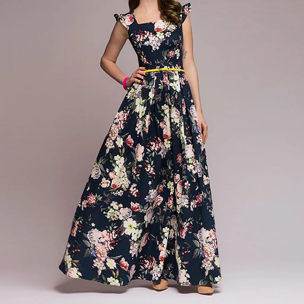

Spring Summer 2019 Women Dress Vintage Printing Party Dress Chiffon Popular Sleeveless Square Collar Sexy Maxi Dress W723