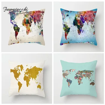 

Fuwatacchi Watercolor World Map Cushion Cover Nautical Map Pillow Cover Art Decorative Throw Pillows Case For Decor Home Sofa