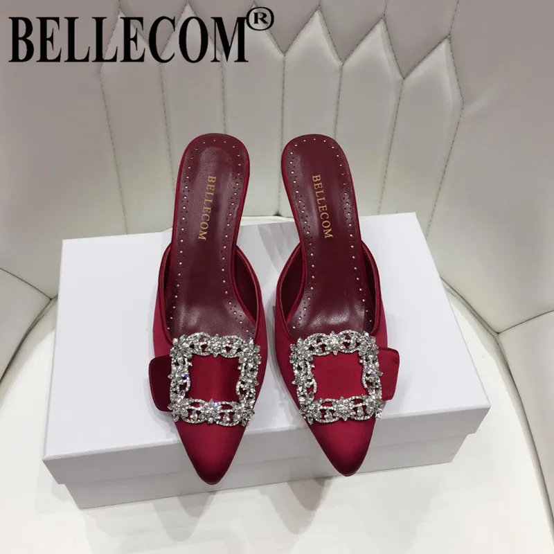 

BELLECOM New 2019 summer leather water drill square buckle sexy silk high heel versatile women's shoes with fine heels