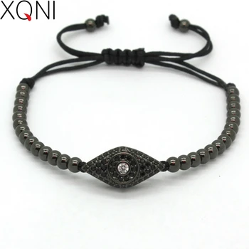 

Top 2017 Fashion Men Bracelet,4mm Round Bead & Micro Pave Black CZ Evil Eye Connector Braiding Men Macrame Bracelet
