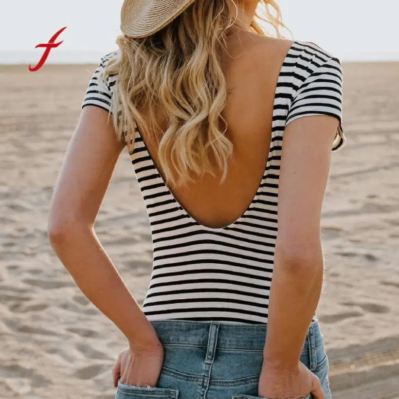 

Women Short Sleeve Stripe Sexy Backless Print Ladies Tops Girls Loose T Shirt Tee Shirts Elegant Summer Fashion Clothes 2018