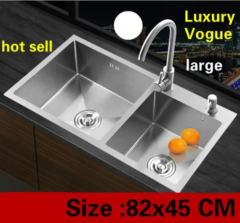 Online Free Shipping Apartment Vogue Wash Vegetables 304 Stainless Steel Big Kitchen Manual Sink Double Groove Hot Sell 820x450 MM