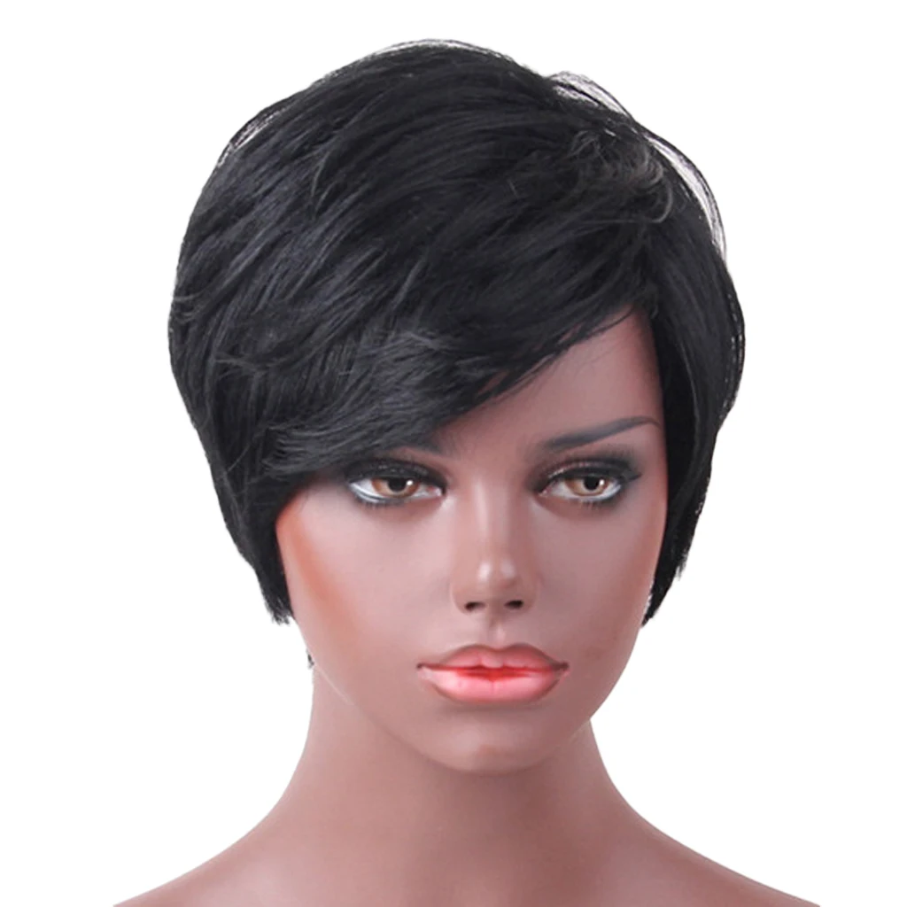 

Women Natural Short Straight Wig Human Hair Black Pixie Cut Wig Side Bangs
