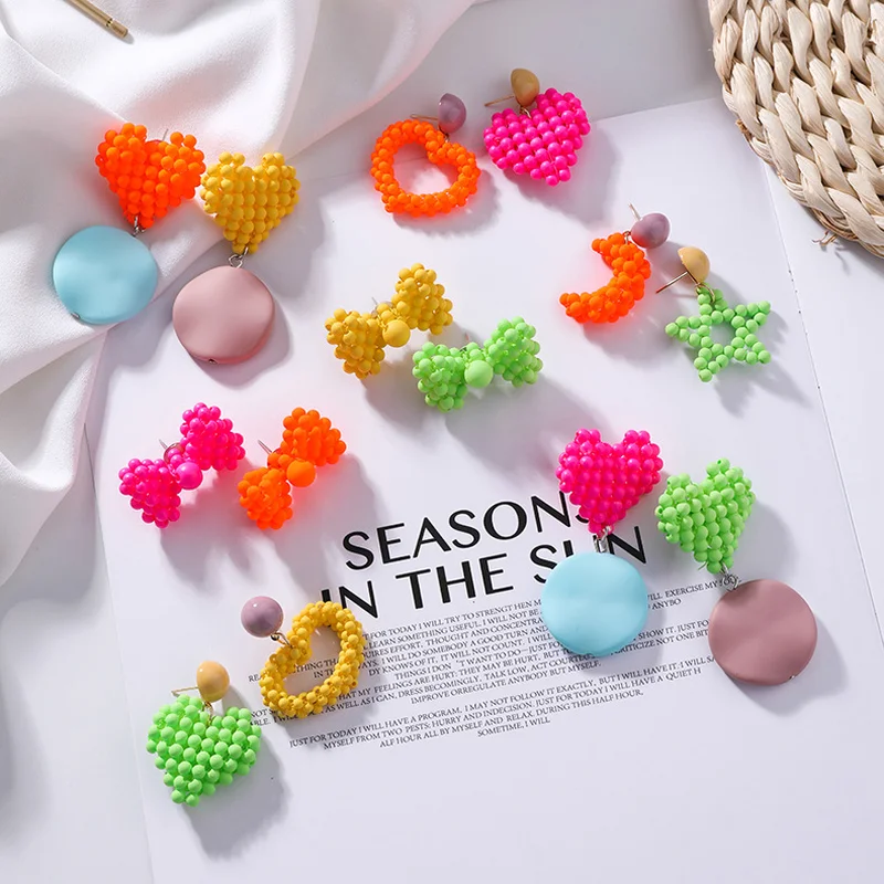 

2019 New Korean Candy Color Acrylic Beads Star Moon Love Heart Bowknot Geometric Drop Earrings Women Summer Fluorescent Jewelry