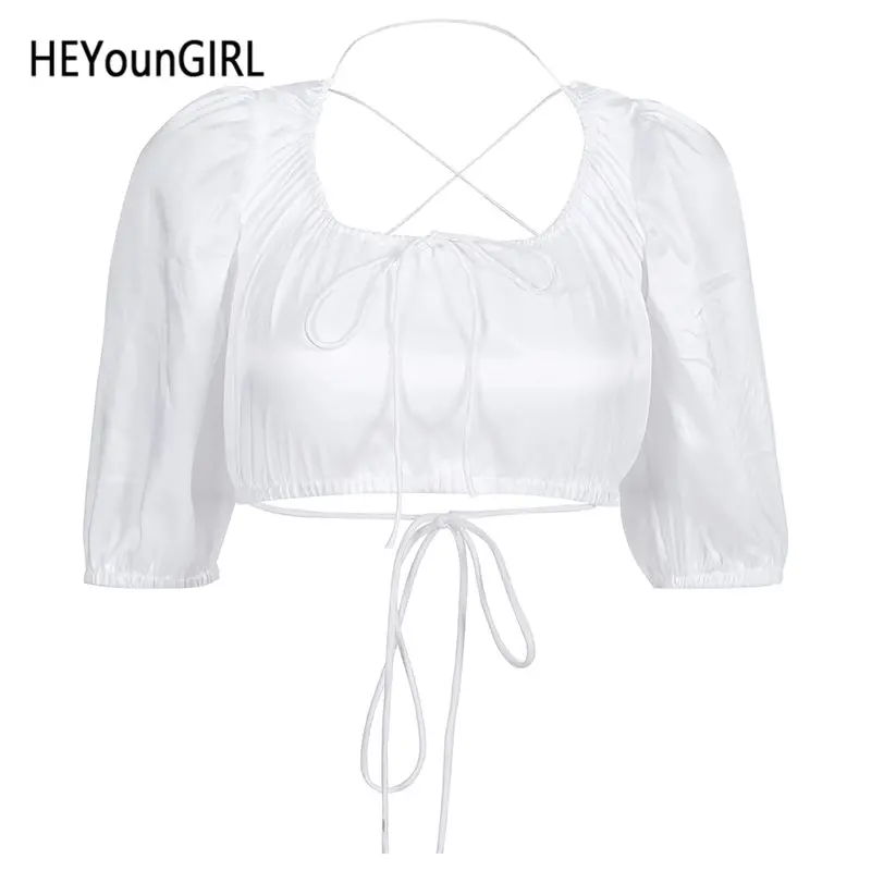 HEYounGIRL открытая атласная белая футболка женская элегантная футболка с коротким рукавом женская бандажная Сексуальная футболка женская летняя - Цвет: Белый