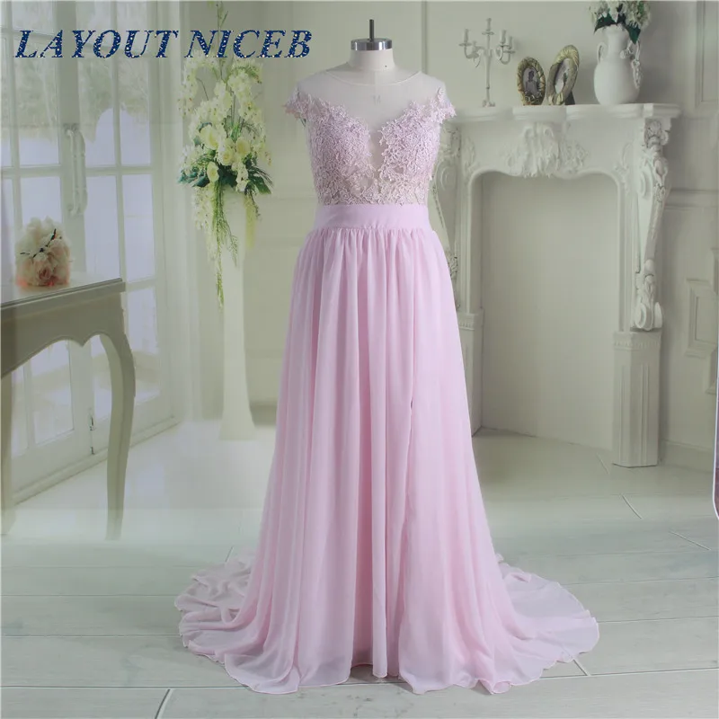 Robe Pink Lace See Through Sheer Chiffon A-Line Evening Dress 2017 Long De Soiree Prom Party Gowns | Свадьбы и торжества