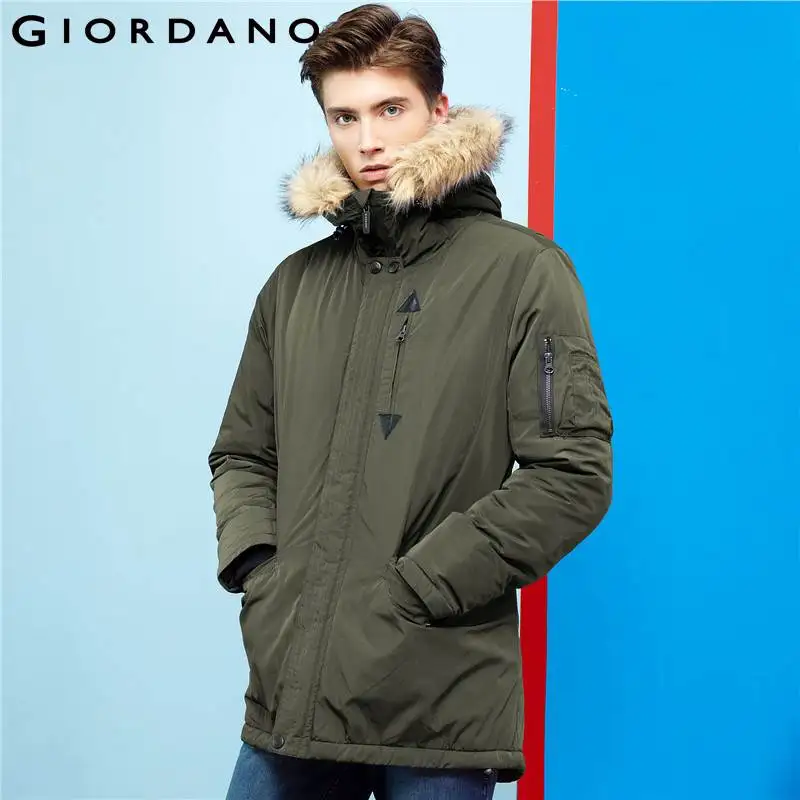 Giordano Men Coat Detachable Hood Fur Collar Quilted Coat