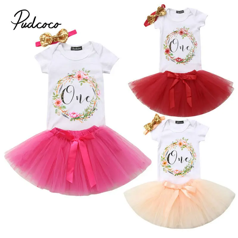 

One Years Birthday Party Girls Dress Kids Baby girl Romper + Headband + Tutu Skirt Outfits Clothes set Drop Ship