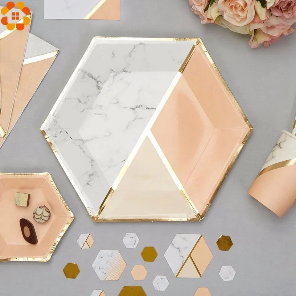 

1Set Marble Gilding Disposable Tableware Rose Gold Paper Cup/Plates/Straws Table Decoration Birthday Wedding Party Supplies