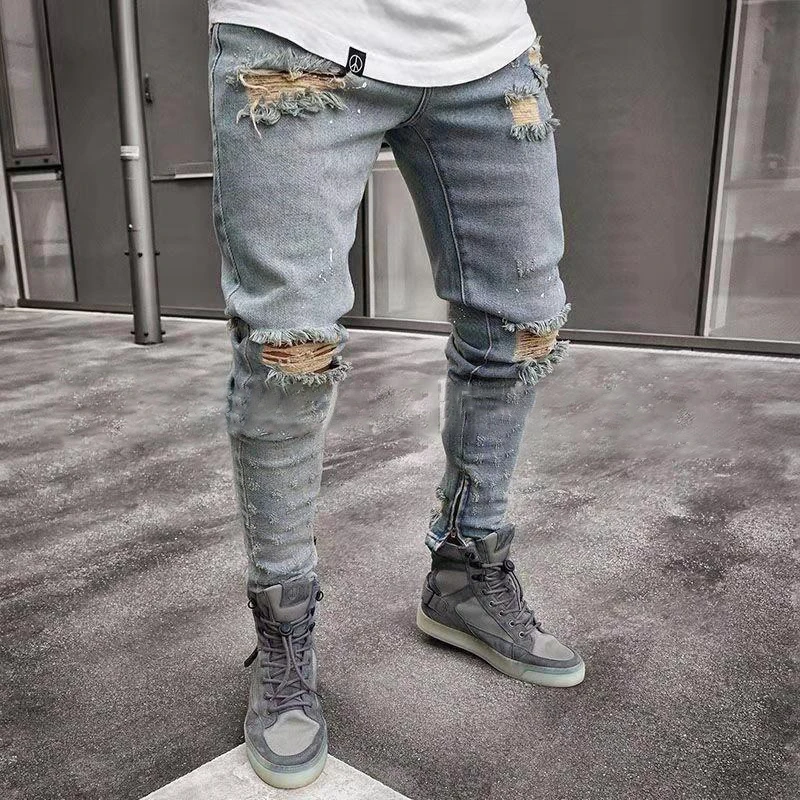 

New Jeans Men Spring MenClothes Denim Pants Distressed Slim Fit Casual Trousers Stretch Ripped Jeans