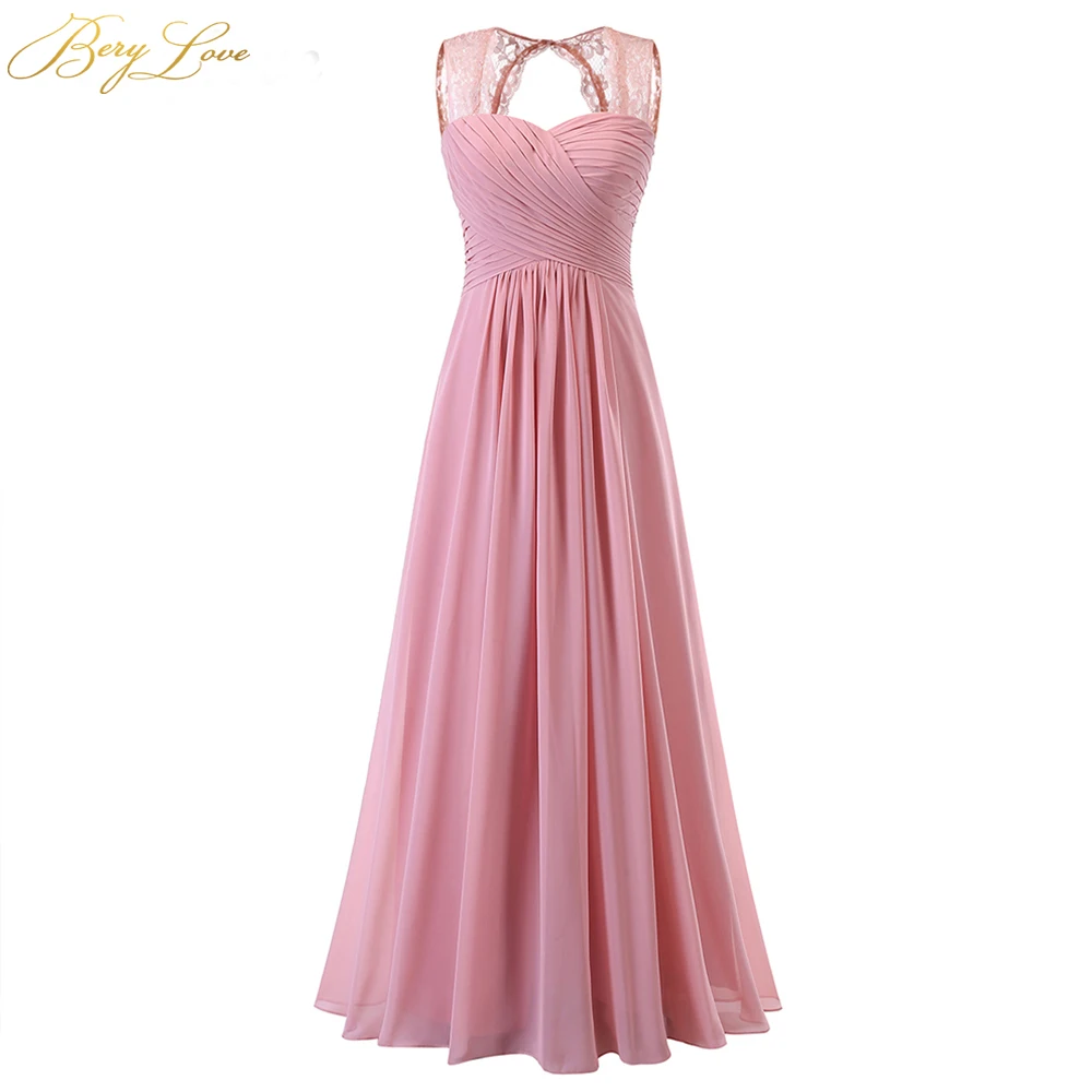 

BeryLove Simple Blush Pink Evening Dress 2019 Chiffon Lace Cap Sleeves Prom Dress Long Style Women Formal Party Gown For Prom