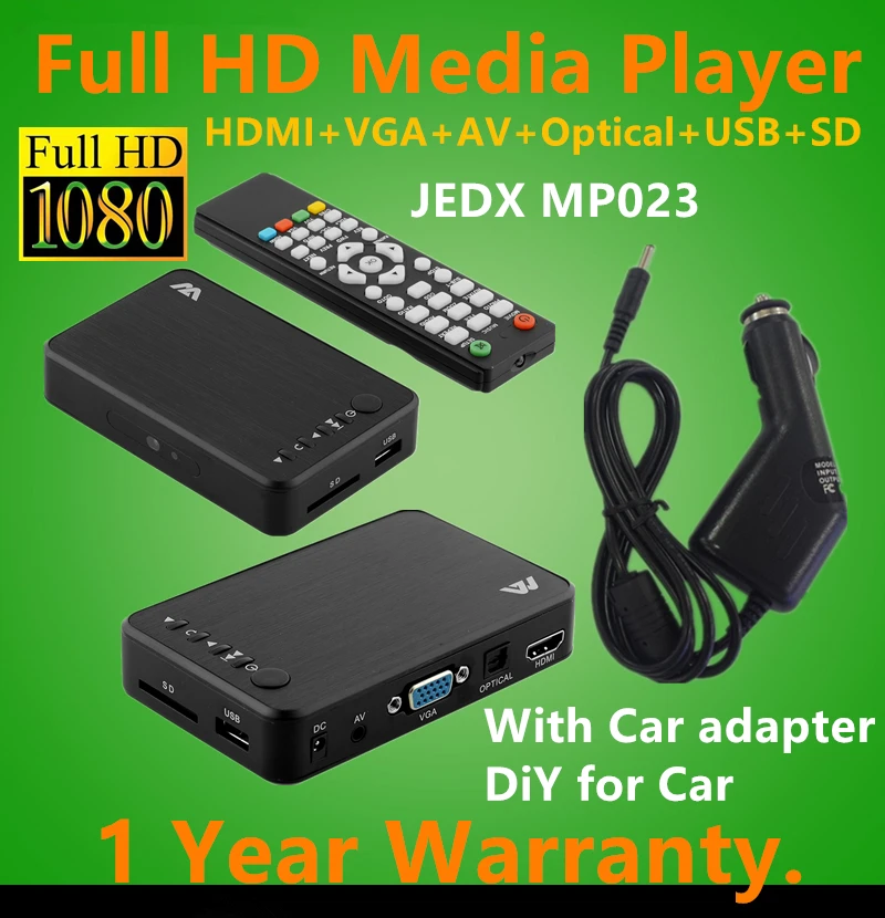 Jedx MP023 Full HD 1080p автомобилей Media Player HDMI, выход AV, 3D HDTV USB SD кардридер с автомобильный адаптер av-кабель подарок