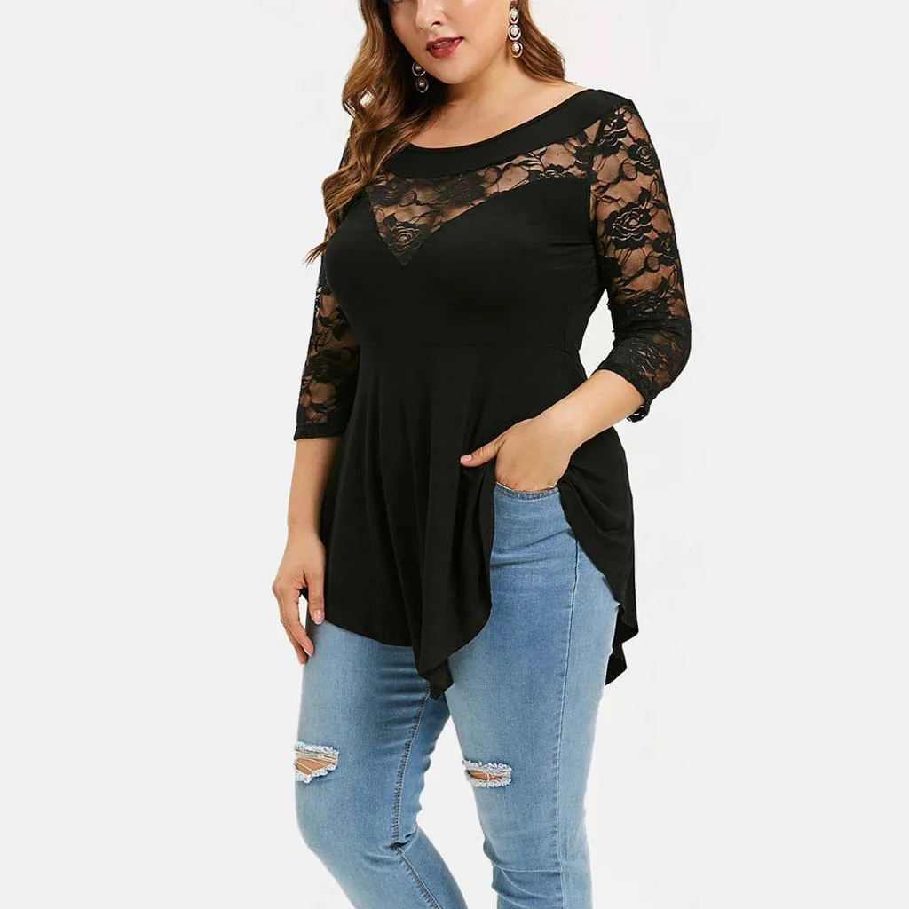 

Lace Shirt women Plus Size Solid Floral Lace Tunic O-Neck blusas mujer de moda 2019 Three Quarter Womens tops and blouses Blouse