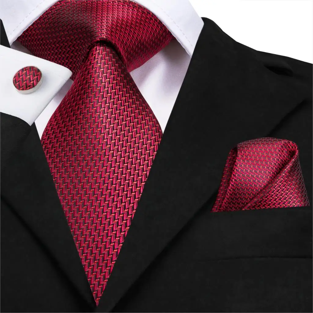 SN 3182 New Red Tie 8.5cm Silk Woven Men Tie Formal Suit Necktie Hanky Cufflinks Set Luxury