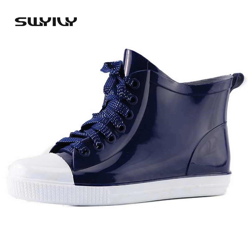 

SWYIVY Women Rubber Boots Ankle Lacing Rainboots Rubber Boots Women Rain Female Short Tube Student Waterproof Rain Boots Canvas