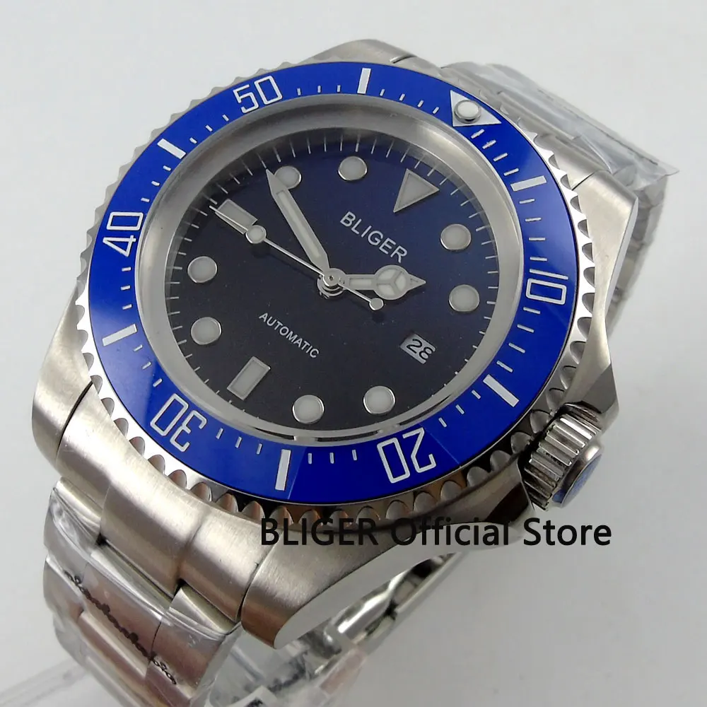 

Solid BLIGER 44MM Black Blue Dial Blue Ceramic Bezel Luminous Marks Stainless Steel Case MIYOTA Automatic Movement Men's Watch
