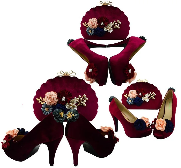 

SB8079-6 Elegant wine red women pumps shoes with matching clutches evening bag italian velvet material shoes bag matching set