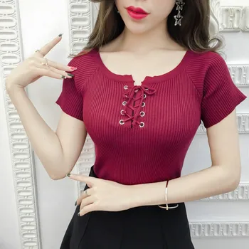 Women Summer T-Shirt Front Lace Up Summer Tops Sweet Knitted T shirt Short Sleeves Top pink tiered flounced details crossed front cold shoulder long sleeves t shirt