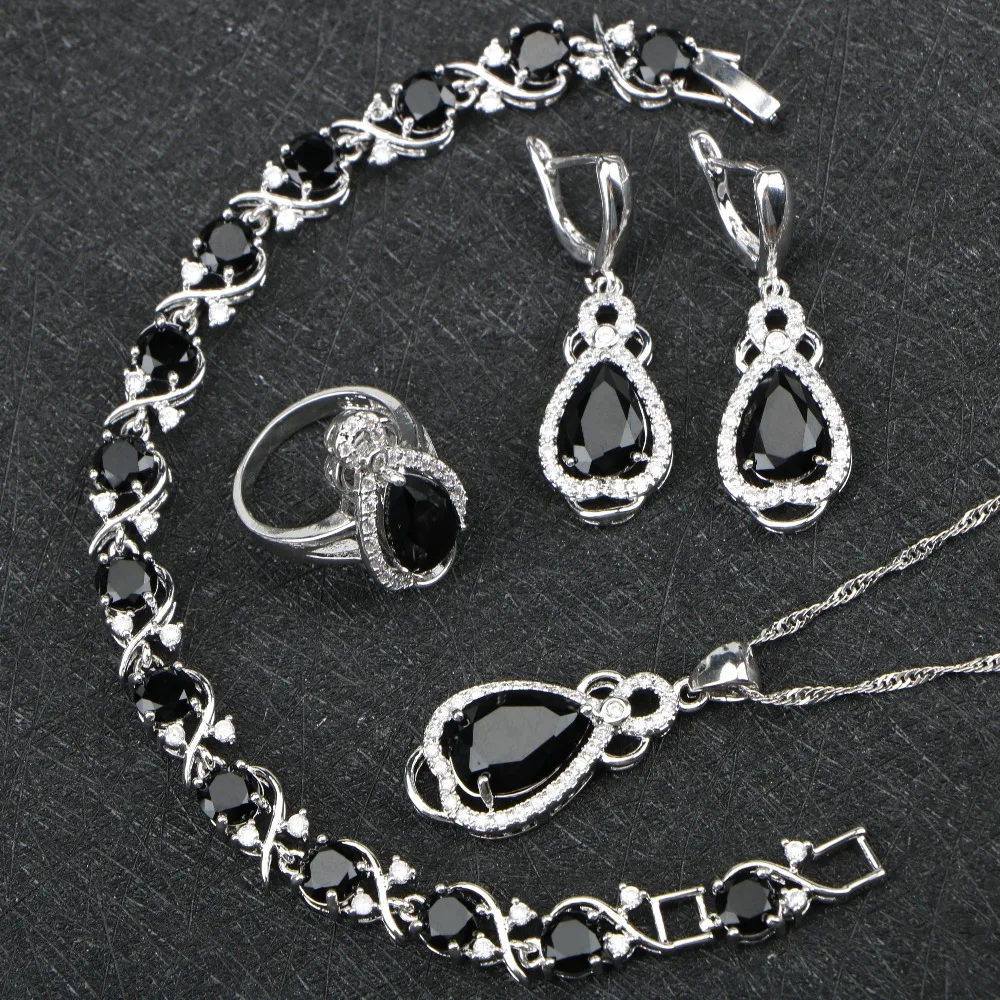 Новое поступление черные камни Белый CZ Классический 925 пробы серебряные Ювелирные наборы браслеты/ожерелье/кулон/серьги/кольцо для женщин
