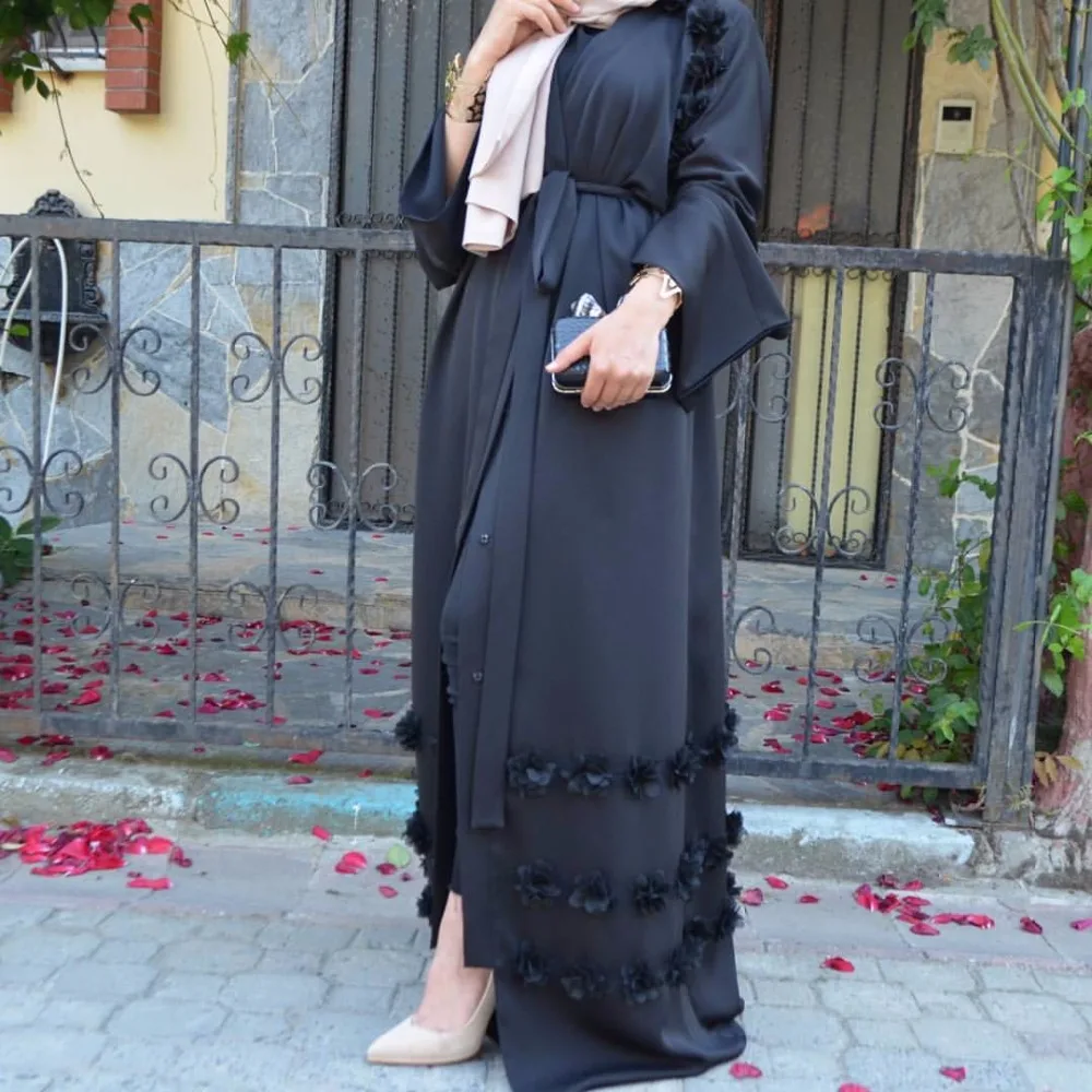 

Fashion floral Front open muslim dress with belt white abaya dubai robe muslim djelaba femme