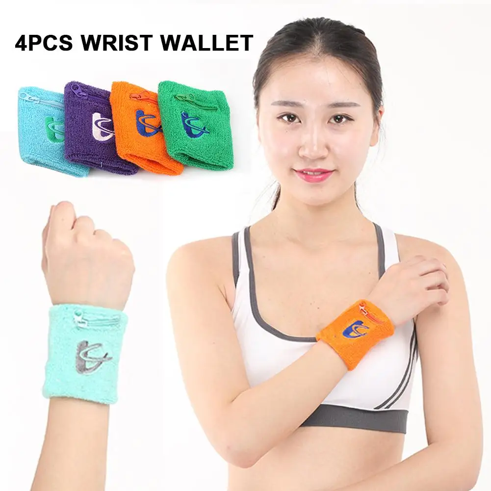 4PCS Cotton Sweat- Absorbent Towel Wrist Wallet Wristband with Zipper Suitable for Running Walking Basketball Tennis Hiking