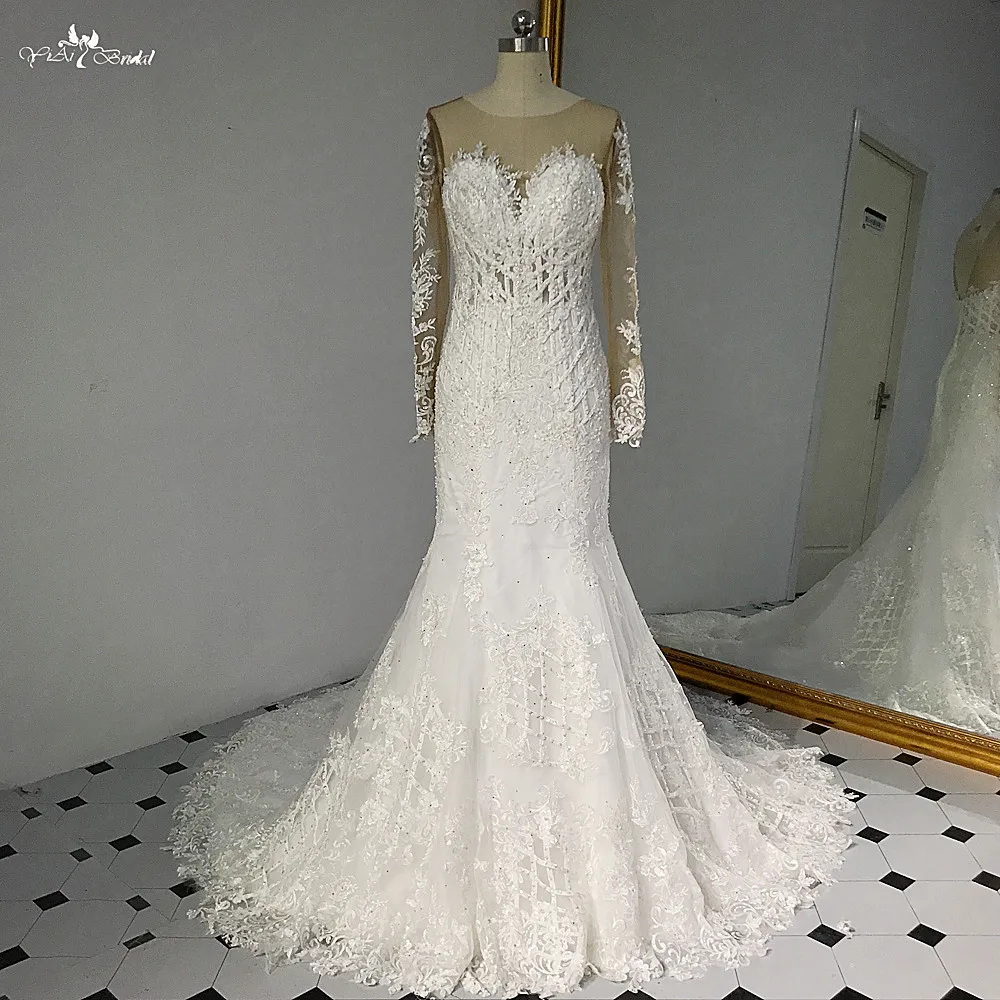 RSW525 Sexy Long Sleeves Ribbon Lattice Lace Beading Wedding Dress 2018 New See Through Back Mermaid Robe De Mariage Custom Made (4)