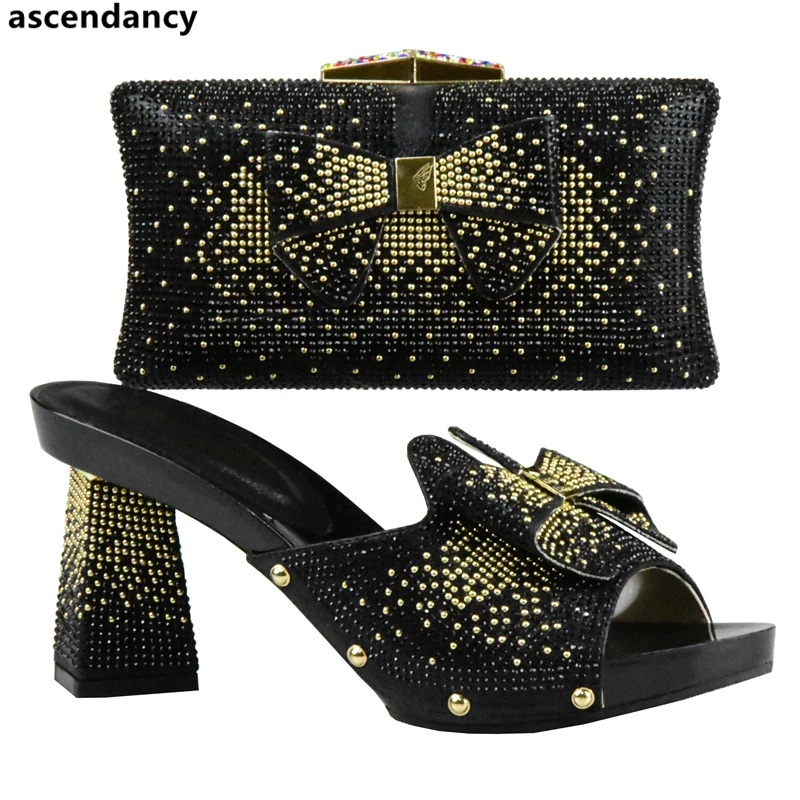 En Avec Italie vert Sac Et Chaussure Décoré argent Parti jaune Noir Chaussures Ensemble Assorties Strass Africain or Couleur Talons Mis peach Noir fIppgWq
