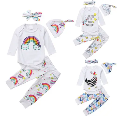 4 шт. для новорожденных для маленьких мальчиков девушка с длинным рукавом ползунки футболки, штаны, леггинсы одежда Размеры 0-18 м
