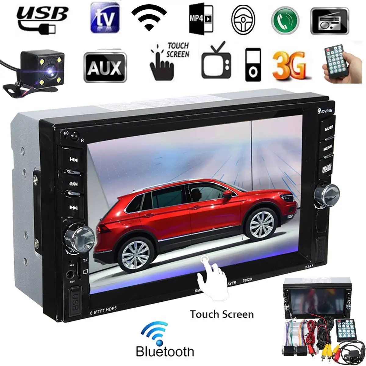 

6.6" bluetooth Touchs Screen 2 Din Car Stereo FM Radio SD TF USB MP3 MP5 Player with Rearview Camera Remote Control